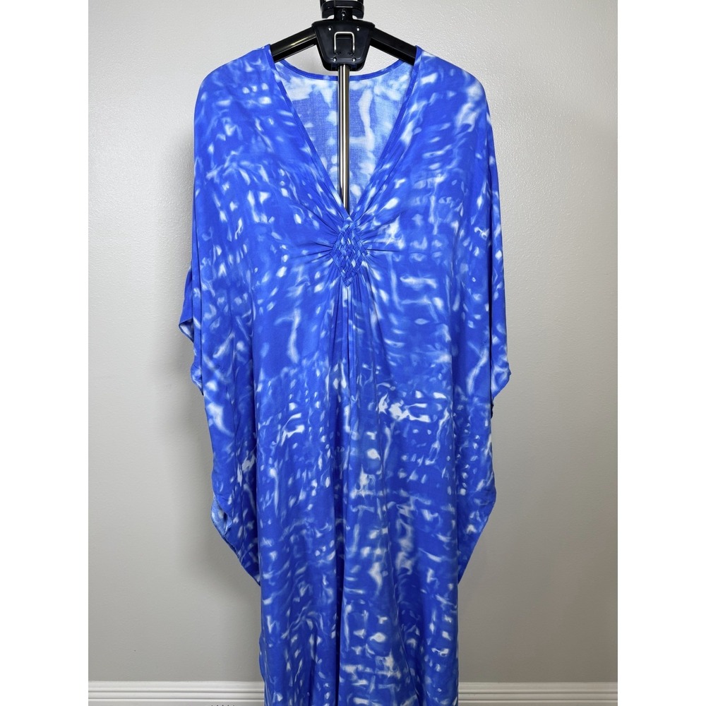 Womens One Size Kaftan Dress Blue Woven Plunge V Neck Tie Dye Beach‎ Bohemian